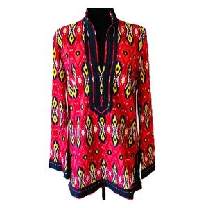 Tory Burch Ikat Print Tunic Red Yellow Black Cotton V‑Neck Boho Style Size 8
